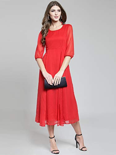 Image of Sera Women's Solid Red Polyester Fit & Flare Party Midi Dress