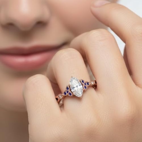 Image of 55Carat Choose Your Gemstone 14k Rose Gold Plated Marquise Shape Petite Engagement Ring Everyday Wedding Jewelry Handmade Gifts for Wife Celtic Knot Split Diamond CZ Birthstone Ring : US Size 4 to 12