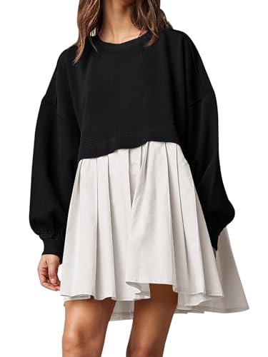 Image of Dokuritu Sweatshirt Dress Women Crew Neck Long Sleeve Patchwork Pullover Tops Flowy Oversized Sweatshirt Mini Dress