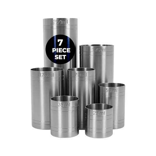 Chabrias Ltd 7 Pack 25 35 50 70 125 175 250ml Premium Stainless Steel Thimble Wine Measure Professional Spirit Measuring Cups Home Bars Cocktail Stations & Bartenders Government