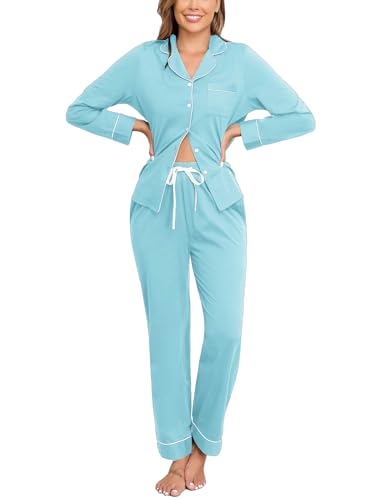 Image of Veseacky 100% Cotton Women's Pajama Set Long Sleeve Button Down Sleepwear Soft Pjs Lounge Sets Nightwear Pjs XS-XXL