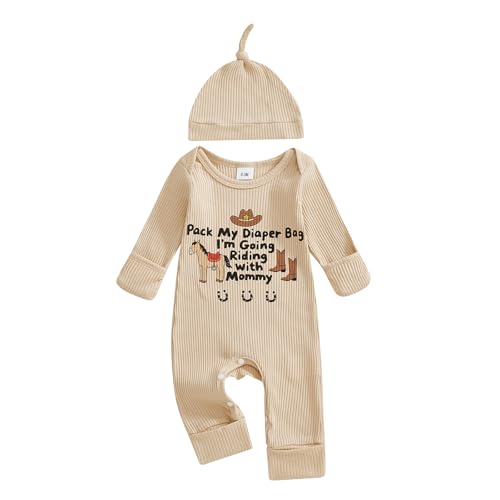 Image of LZUBCPY Western Baby Boy Fall Clothes Pony Jumpsuit Horse Riding Long Sleeve Romper Hat Cute Newborn Cowboy Going Home Outfit