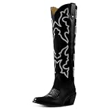 Picture of Gradinery Black PU Cowboy Boots For Women Embroide Black PU Fashion Classic Cowgirl Western Boots With Chunky Heels And Pull Tabs, 9.5