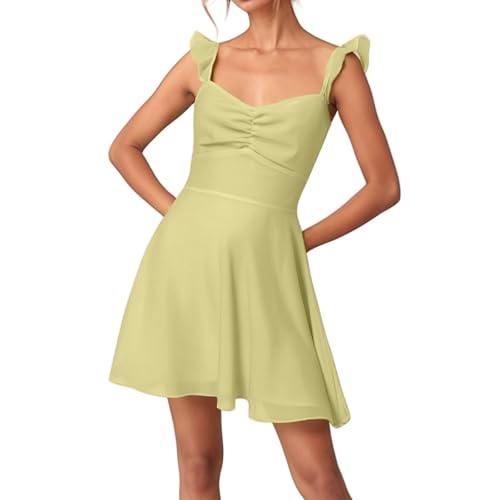 Vestido de mujer con cuello en V sin espalda de gasa tirantes verano elegante, amarillo, XL