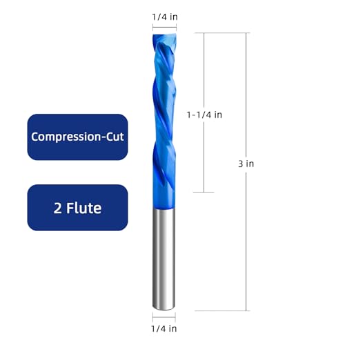Image of 2PCS Solid Carbide Compression Bit 1 /4 Shank with Nano Blue Coating Extra Long 3 inch Overall Length 1 /4 inch Cutting Diameter CNC Up Down Cut Carbide Spiral Router Bits for Woodworking
