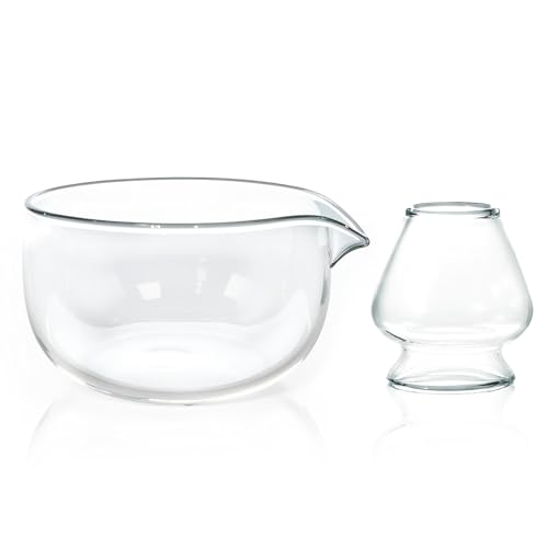 CAMATET Matcha Bowl and Whisk Holder Set, Glass Matcha Bowl with Spout, Ceremonial Mixing Chawan, Clear Traditional Japanese Matcha Kit for Tea/Matcha Powder/Soup - Hammer Pattern