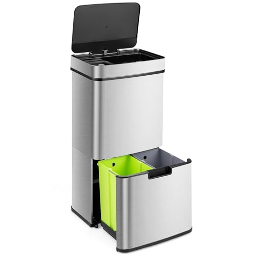 TANGZON 72L Automatic Sensor Kitchen Bin 4 Compartment Stainless Steel Touchless Infrared Motion Waste Bin with Soft Closure Lid Home Office Fingerprint-Proof Smart Wet Dry Trash Can Dustbin