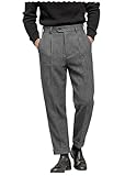 AeoTeokey Men's Suit Pant Herringbone Tweed Dress Vintage Trousers Casual Thick Wool Pleated Front (Grey, 34W x 30L)