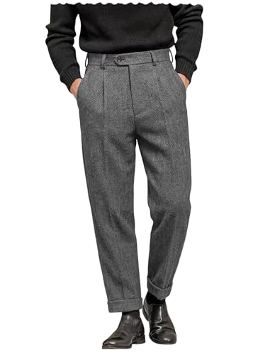 Image of AeoTeokey Men's Suit Pant Herringbone Tweed Dress Vintage Trousers Casual Thick Wool Pleated Front (Grey, 30W x 32L)