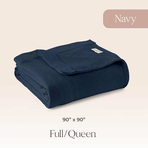 Image of 100% Organic Cotton Blanket - GOTS & Fairtrade Certified Organic Cotton Throw Blanket for Bed with a Heavy & Breathable Single Knit Weave - Great as Bedspread or Coverlet (Navy, Full /Queen)