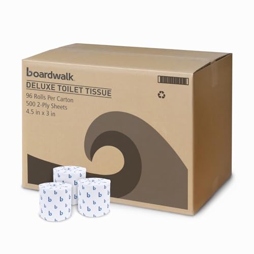 Image of Boardwalk 2-Ply Bulk Toilet Paper Rolls for Professional and Commercial Use | 125 Feet Septic Safe Single Roll Toilet Paper Rolls | 500 White 4.5 inch x 3 inch Sheets per Roll | 96 Count per Box