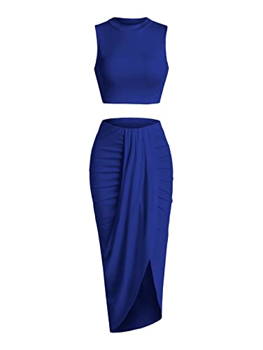 Image of ZAFUL Women's Casual Sleeveless Summer Two Piece Outfits Crop Top and Side Split Draped Ruched Maxi Skirt Set Solid Suiting