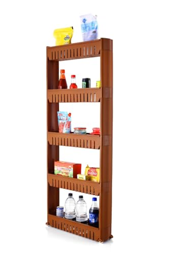 Image of JD FRESH 5-Tier Slim Rolling Storage Organizer Rack /Fridge Side Storage Rack /Plastic Trolley Storage Stand with Wheels /Floor Standing Cabinet for Bathroom and Kitchen Corner Area (Brown)
