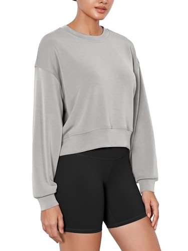 Image of ODODOS Modal Soft Long Sleeve Cropped Sweatshirts for Women Oversized Crew Neck Pullover Crop Top