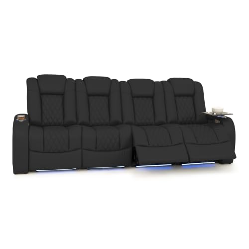 Image of Seatcraft Virtuoso LT Black Italian Leather Home Theater Seating, Zero Gravity Power Recliner, Powered Headrest and Lumbar Gaming and Home Office Chair, Heat and Massage Lounge Sofa, Row of 4 Sofa