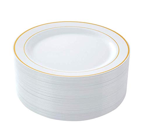 Select Settings [50 COUNT] (7.5 Inch) Gold Rim Disposable Plastic Salad/Dessert Plates