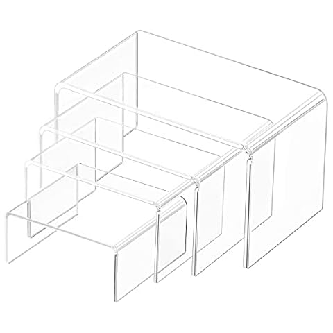 Milaloko Clear Acrylic Display Risers, Pack of 4 Display Cabinets for Figures, Buffets, Cupcakes and Jewellery Stands, with Sticky Protective Film Cover