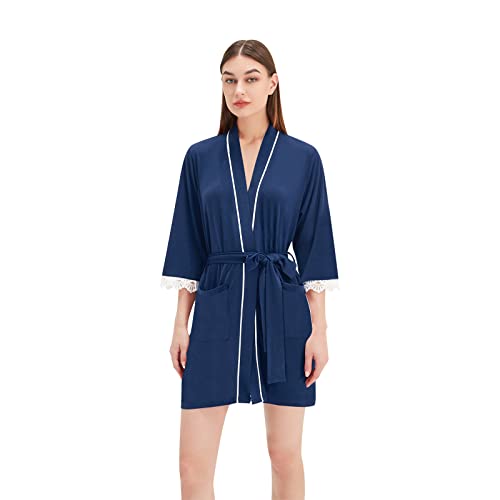 Gissroys Bademantel für Damen Kurz Baumwolle mit Spitzenbesatz, 3/4-Ärmel, Morgenmantel mit V-Ausschnitt Loungewear Cover