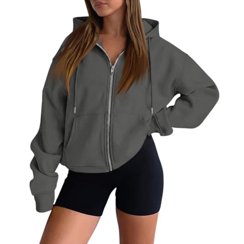 Vasreyy Sweatjacke Damen Damen Langarm Sweatjacke Oversized Kapuzenjacke Mit Kapuze Reißverschluss Locker Zipper Hoodie Leicht Kapuzenpullover Herbst Sweatshirt Jacke(A04 Dunkelgrau,XL)