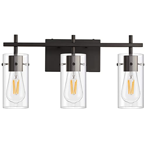 Image of ClanKin 3-Light Bathroom Vanity Light Fixture,Black Wall Sconce Lighting with Glass Shade for Bathroom, Modern Vanity Lamp Wall Lights Over Mirror (Black, 3-Light)