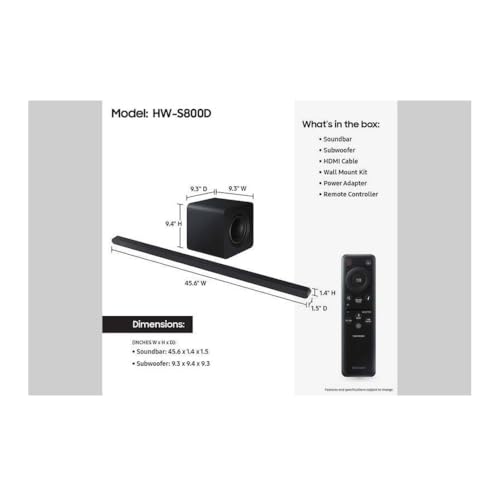 Image of SAMSUNG HW-S800D /ZC Slim Series Soundbar with Wireless Dolby Atmos, 3.1.2Ch, Subwoofer, DTS:X, Game Mode pro, Built-in Voice Assistant, Black Color [Canada Version] (2024)