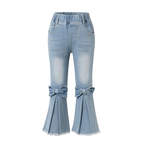 Girls Casual High Waisted Flare Split Raw Hem Bowknot Denim with Pockets