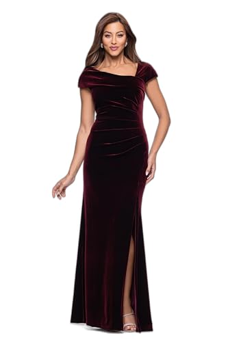Xscape Women's Velvet Asymmetrical Neck Short Sleeve Floor Length Dress