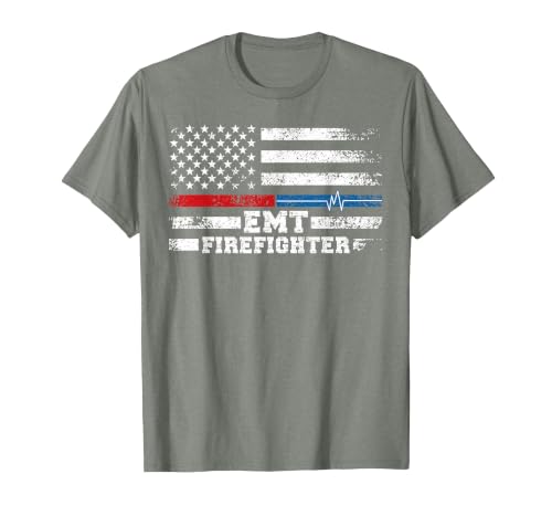 EMT Firefighter American Flag Proud Firefighter EMT T-Shirt, Men, Olive Heather, Small