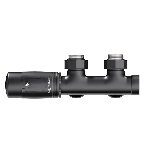 Aquabad® Kit de válvula acodada con Termostato para radiadores con conexión Central de 50mm, Negro Mate, Incluye adaptadores para Tubo Multicapa de 16mm PEX