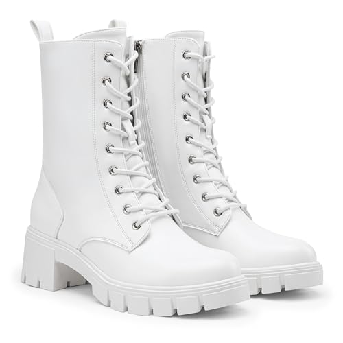 Vepose Women's Mid Calf Combat Boots Lace-up Elastic Chunky Platform Boot with Side Zipper4