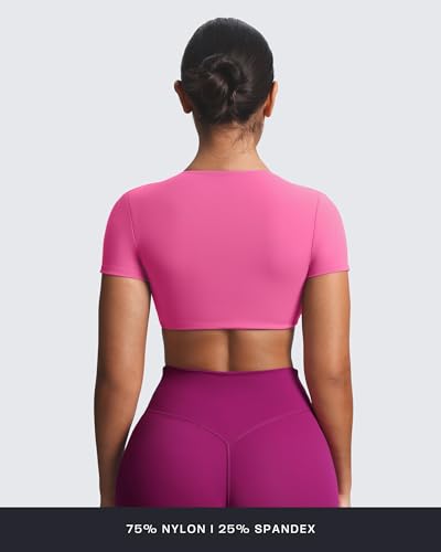 Image of Aoxjox Short Sleeve Crop Tops for Women Sienna Twist Deep V Workout Cropped T Shirt Top (Azalea Pink, Small)