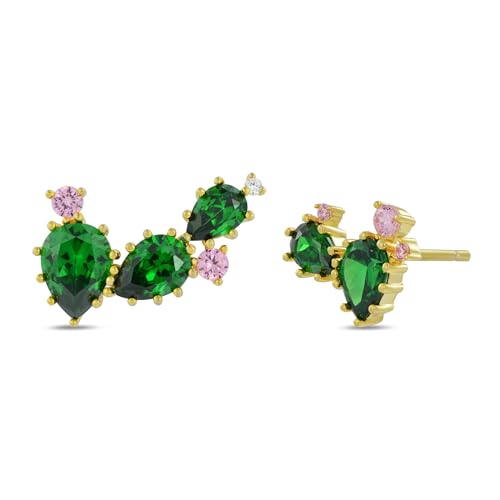 14k gold-plated Green And Pink 5A Cubic Zirconia CZ Asymmetric Cactus And Flower Stud Earrings丨925 Sterling Silver Ear posts丨Trendy Jewelry Alluring Plant-Themed Earrings丨Cute Jewelry Gift for Women4