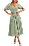 PRETTYGARDEN Womens Smocked V Neck Wedding Guest Dresses for Women 2024 Puff Short Sleeve Dress Chiffon Smocked Maxi Dress (Grey Green,X-Large)