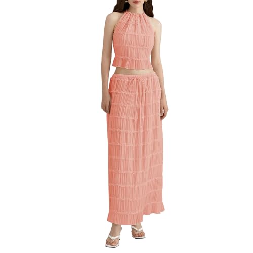 Image of Women Y2K Skirt Set Outfits Strapless Crop Top Bodycon Midi Skirt Dress Sexy 2 Piece Knit Outfits Skirt Summer