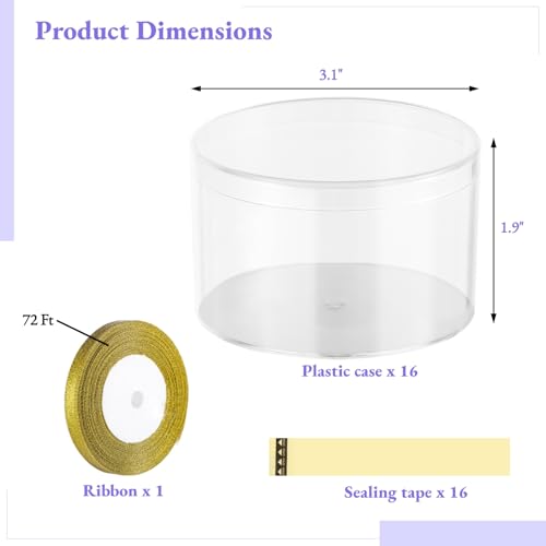 OMISTAR 16 PCS Round Acrylic Plastic Cases with Lids, 3.1 x 3.1 x 1.9 Inches Small Plastic Boxes, Transparent Clear Containers, Mini Storage Display Boxes with Glitter Ribbon for Candy Jewelry Treats