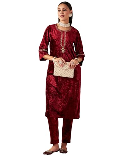 Image of Women's Velvet Floral Embroidered Straight Kurta | Round Neck Three-Quarter Sleeve Calf Length Kurti with Thread Work