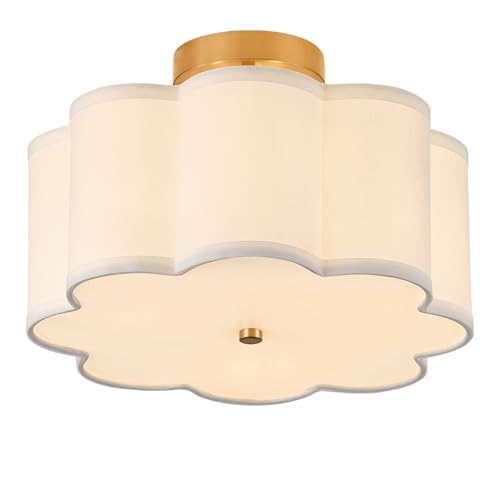 Giutna 13.3Semi Flush Mount Ceiling Light Fixture 3-Light Modern Close to Ceiling Light With Fabric Flower-Shaped Shade Light Fixtures Ceiling Mount for Bedroom Nursery Kids Room Living Room(Gold)