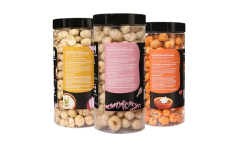 Image of H O M House Of Makhana 195g Cream and Onion, Himalayan Salt and Pepper And Peri Peri Gourmet Makhana Jar Roasted in Olive Oil, Flavored Makhana Pack of 3 (65gX3)