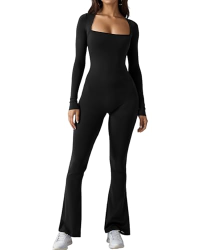 Merlvida Sport Jumpsuits für Damen Eng Langarm Jumpsuit Nahtloser Overall Elastischer Bodysuit Figurformender Einteiler Sexy One Piece Bodycon Outfit für Yoga Fitness Gym