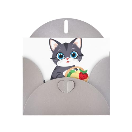Biglietti di auguri in carta perlescente grigia 10,2 x 15,2 cm, motivo: gattino YYHHAOFA che tiene un cesto di frutta, biglietti di auguri per Natale, compleanno, anniversario di matrimonio e inviti