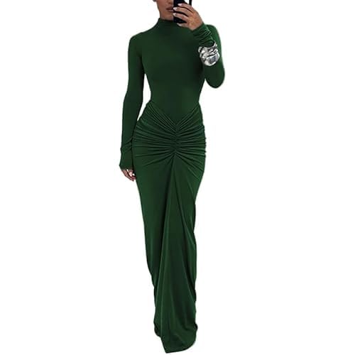 Image of Womens Sexy Maxi Dress Long Sleeve Ruched Bodycon Turtleneck Club Party Casual Wedding Dresses