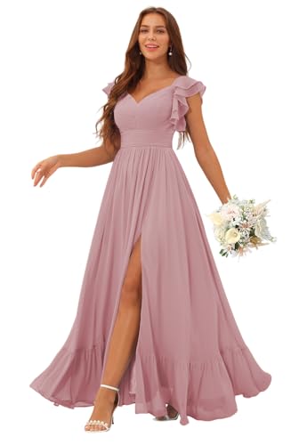 Image of Clothfun Ruffle Sleeve Elegant Bridesmaid Dresses Long Chiffon Formal Dress CYN007