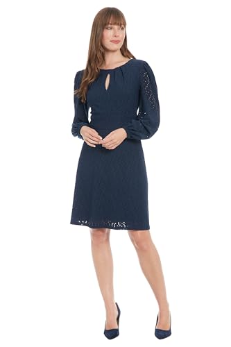 London Times Women's Elegant Eyelet Knee-Length Long Bishop Sleeves-Cinched Waist-Keyhole Neckline-Versatile Cocktail Dress4