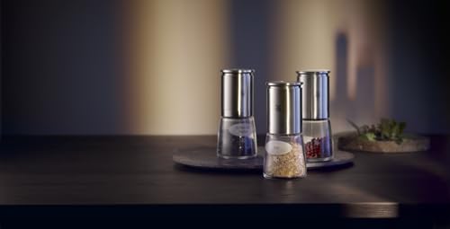 Foto von WMF De Luxe Salz und Pfeffermühle 14 cm, unbefüllt, Salzmühle, Pfeffermühle Keramikmahlwerk, Cromargan Edelstahl, Glasbehälter, Mühle für Salz, Pfeffer