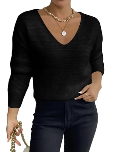 MakeMeChic Women's Fuzzy Sweater V Neck Long Sleeve Drop Shoulder Pullover Sweater2