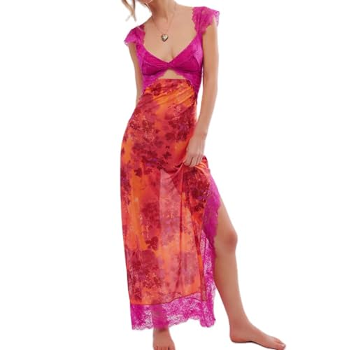 Image of Women Sexy Lace Patchwork Mesh Dress Floral Print Cutout Sweetheart Neck Backless Slit Summer Maxi Dress