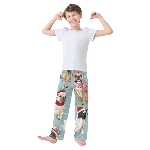 ZZXXB Xmas French Bulldog Pattern Boys Long Pants Soft Trousers Elastic Waist Kids Lounge Bottoms with Pockets S-XL3