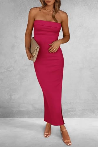 Image of PRETTYGARDEN Women's Summer Strapless Cocktail Maxi Dresses | Soft Ribbed Fabric,Tube Top Dress,Slim Fitted Bodycon,Side Slit,Elegant Long,Wedding Guest,Birthday Party,Date Night Outfits