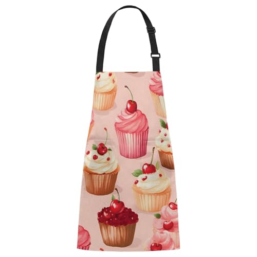 Aglebo Cherry Cupcake Chef Apron with Pockets Adjustable Shoulder Strap Waterproof Cooking Apron for Kitchen Baking Gardening Pottery Painting
