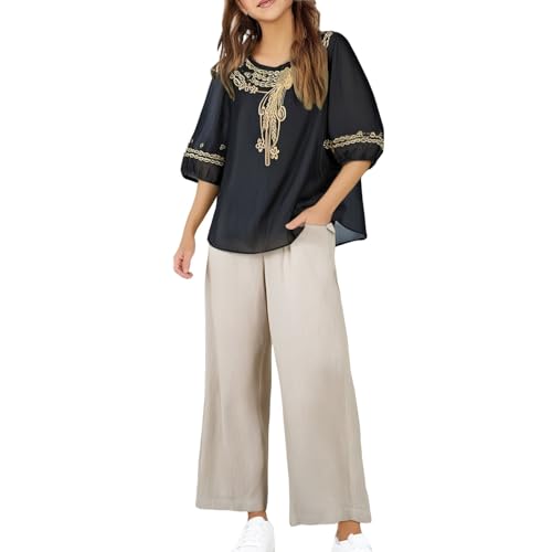 2 Piece Travel Outfits for Teen Girls Cotton Linen Casual Matching Set 3/4 Sleeve Embroidered Tops and Wide Leg Capri Pants